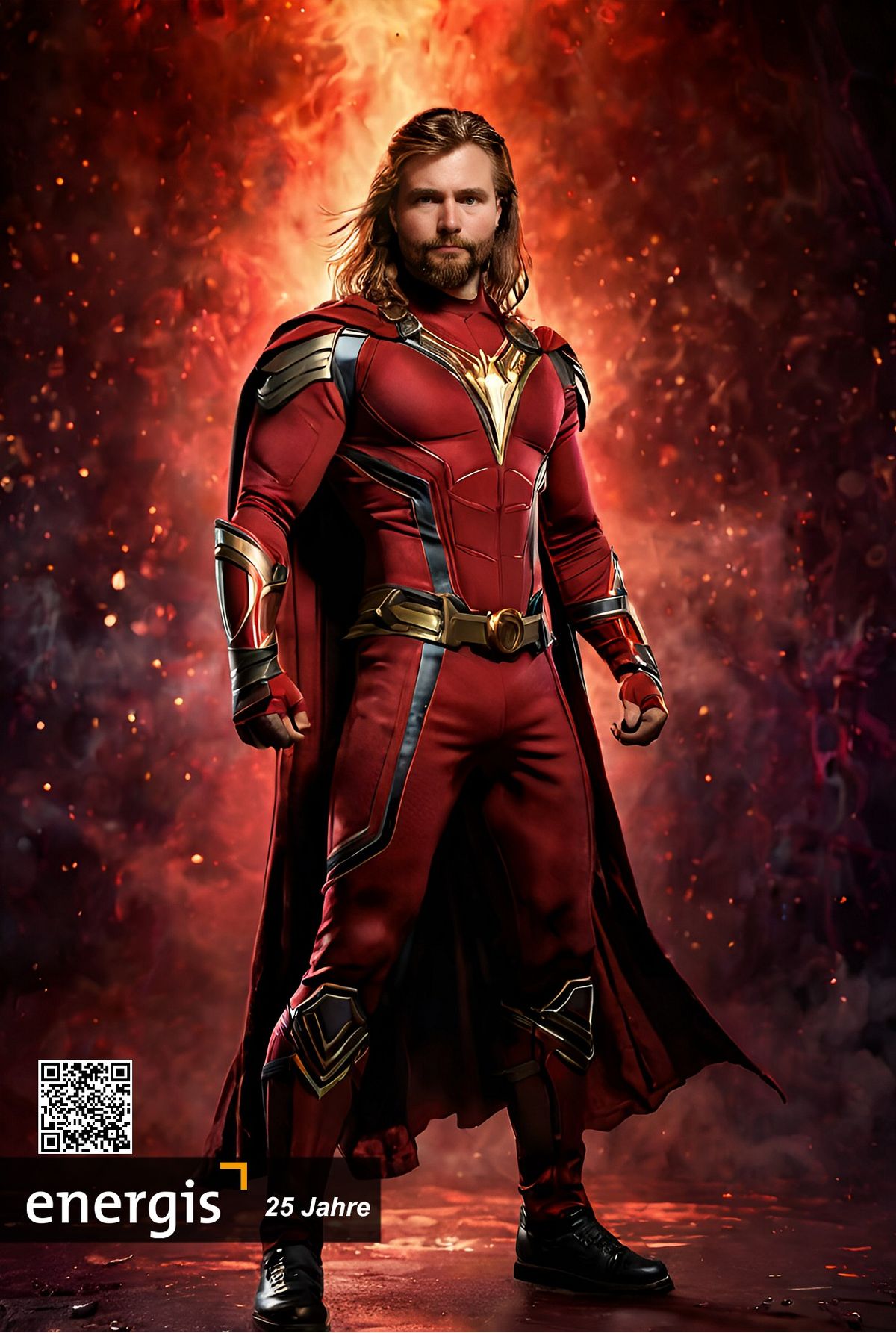 KI-Druckresultat energis 25 Jahre Stadthalle Dillingen — Mann als Marvel-Superheld in rotem Rüstungs-Anzug mit Cape vor Feuer-Hintergrund, mit energis-25-Jahre-Branding und QR-Code