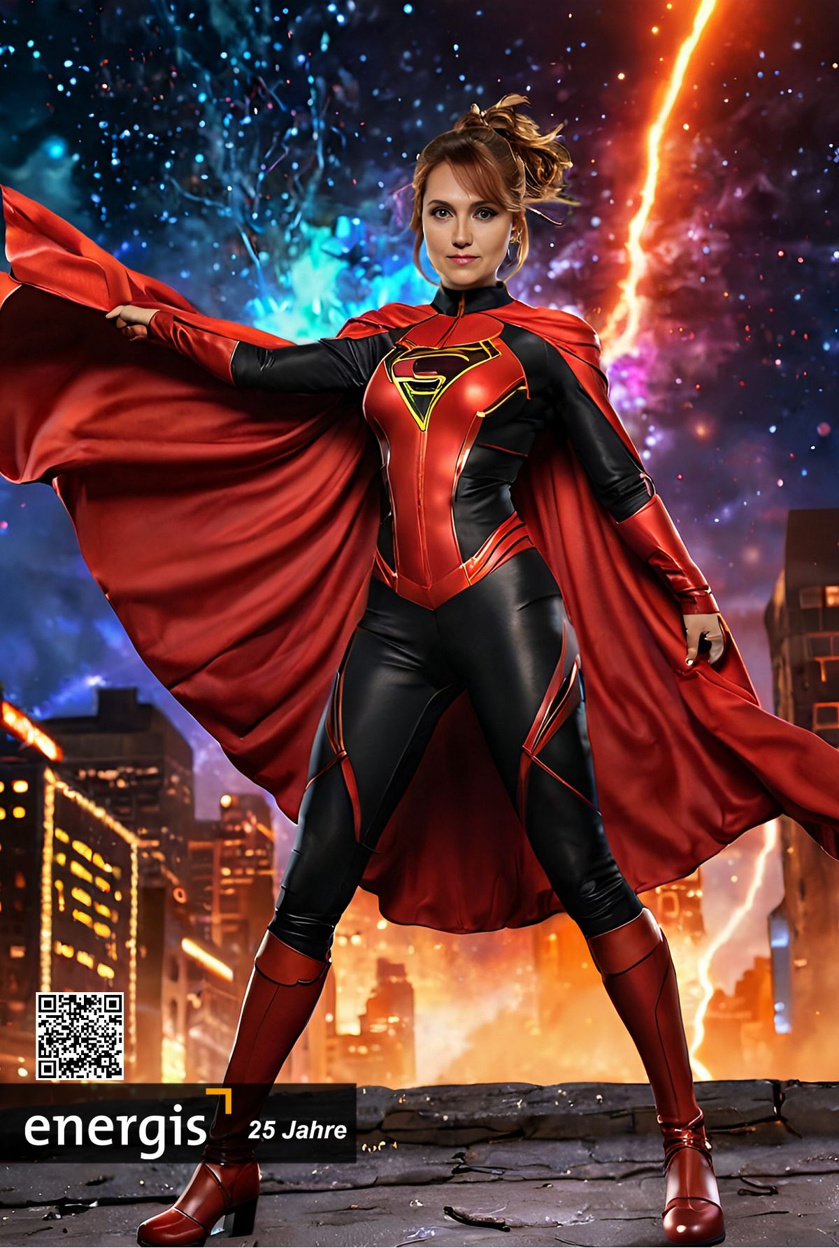 KI-Druckresultat energis 25 Jahre — Frau als Wonder-Woman-Style Superheldin in roter Rüstung vor brennender Skyline, energis-Branding mit QR-Code