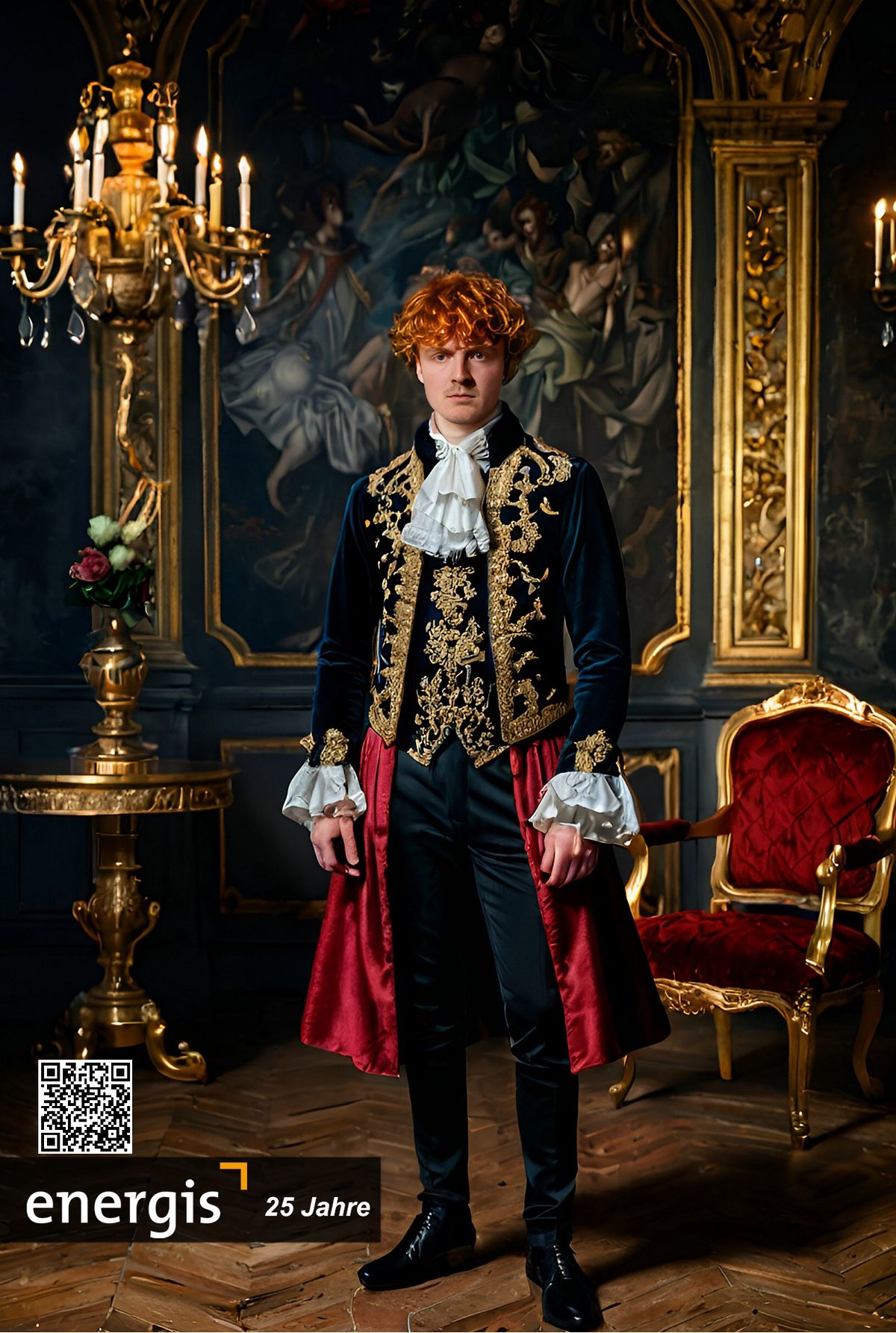 KI-Druckresultat energis 25 Jahre — Mann mit roten Haaren als barocker Adel in gold-bestickter dunkler Robe im Schloss-Setting, energis-Branding mit QR-Code