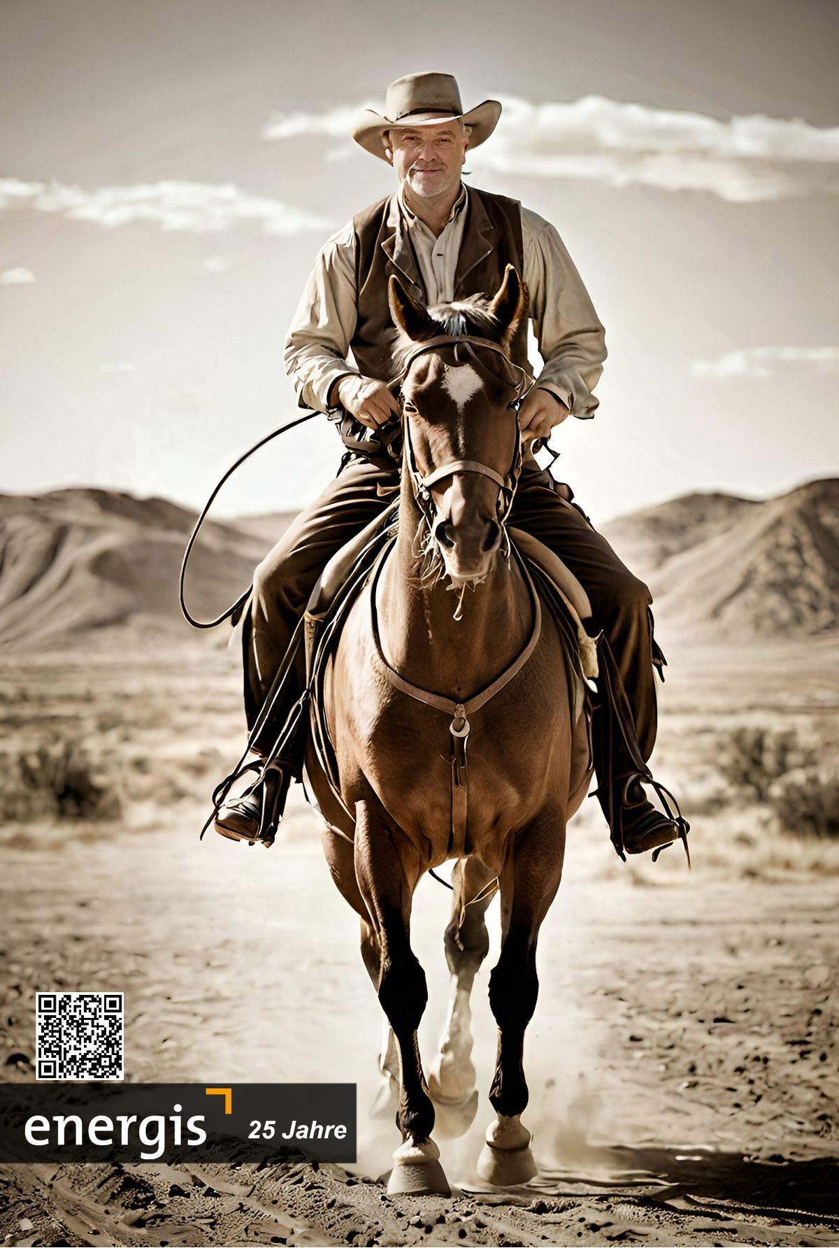 KI-Druckresultat energis 25 Jahre — Mann als Western-Cowboy auf braunem Pferd in Wüstenlandschaft, Sepia-Optik, energis-Branding mit QR-Code