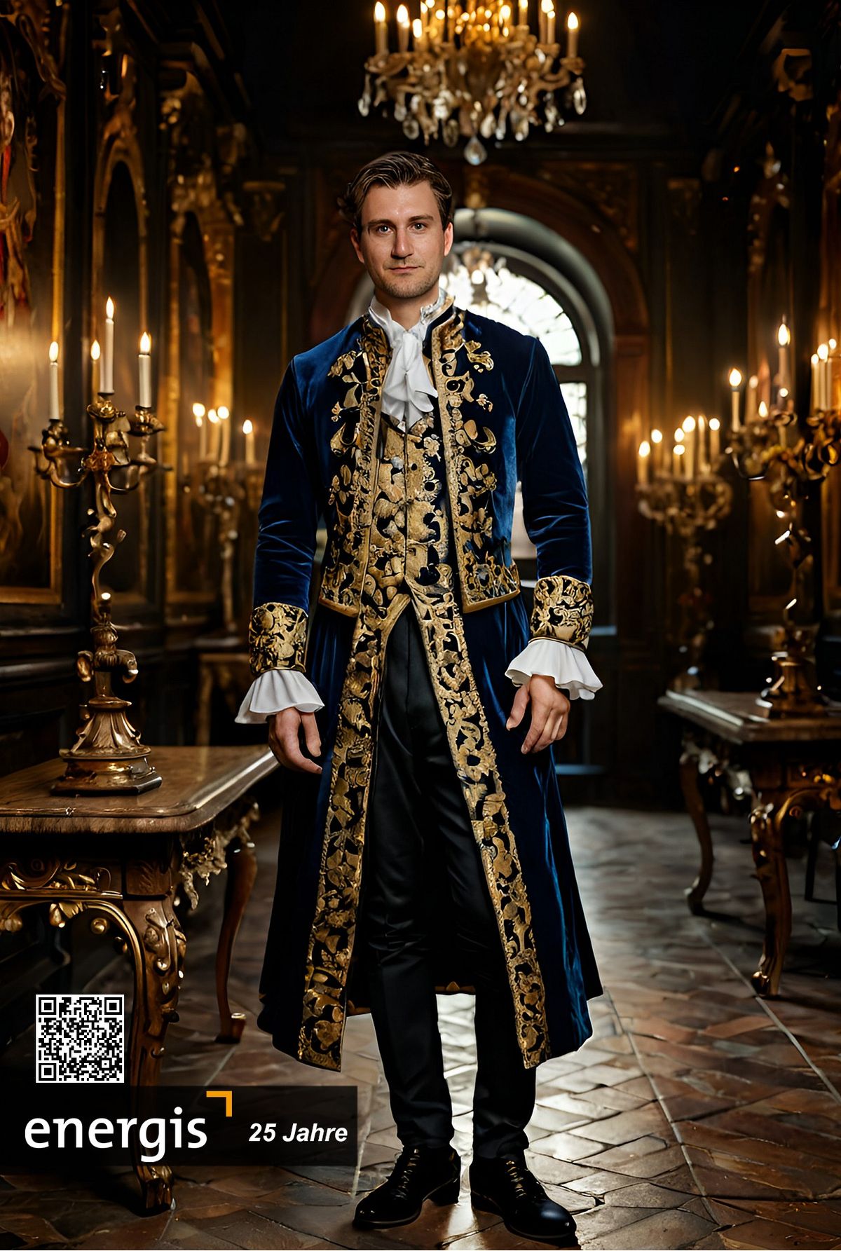 KI-Druckresultat energis 25 Jahre — Mann als Barocker Adel in blau-goldener Robe im Schloss-Saal mit Kerzenleuchtern, energis-Branding mit QR-Code