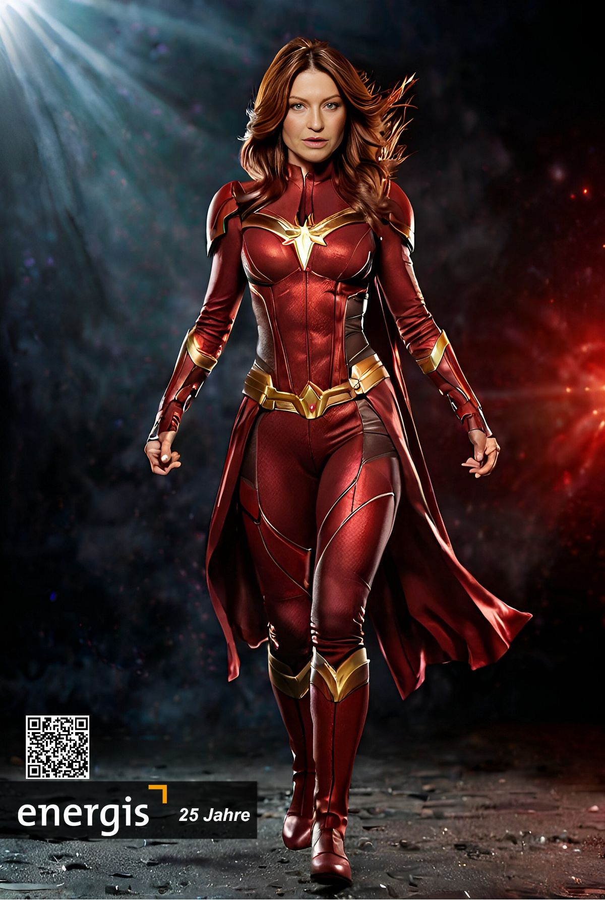 KI-Druckresultat energis 25 Jahre — Frau als Captain-Marvel-Style Superheldin in rotem Rüstungs-Anzug mit Cape, energis-Branding mit QR-Code
