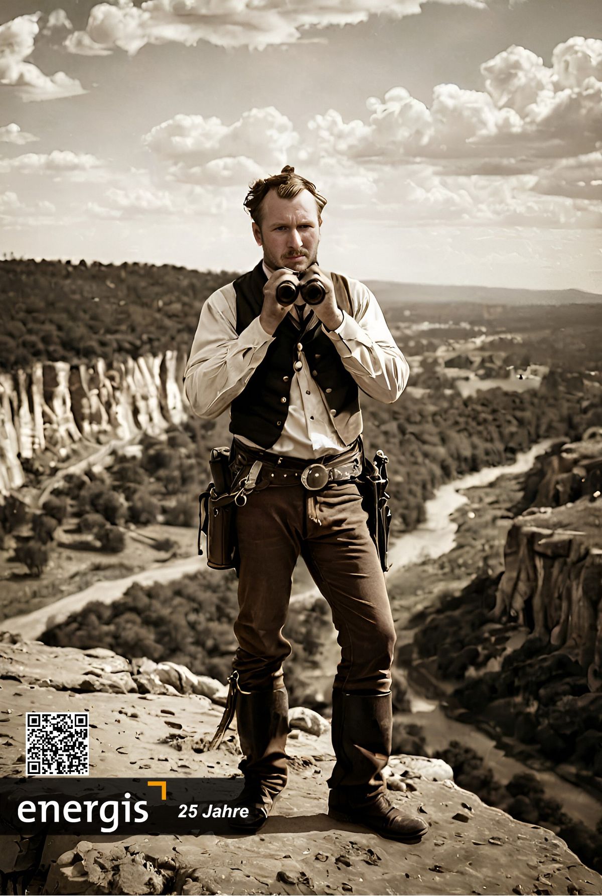 KI-Druckresultat energis 25 Jahre — Mann als Western-Scout mit Fernglas auf Felsklippe vor Canyon-Landschaft in Sepia, energis-Branding mit QR-Code