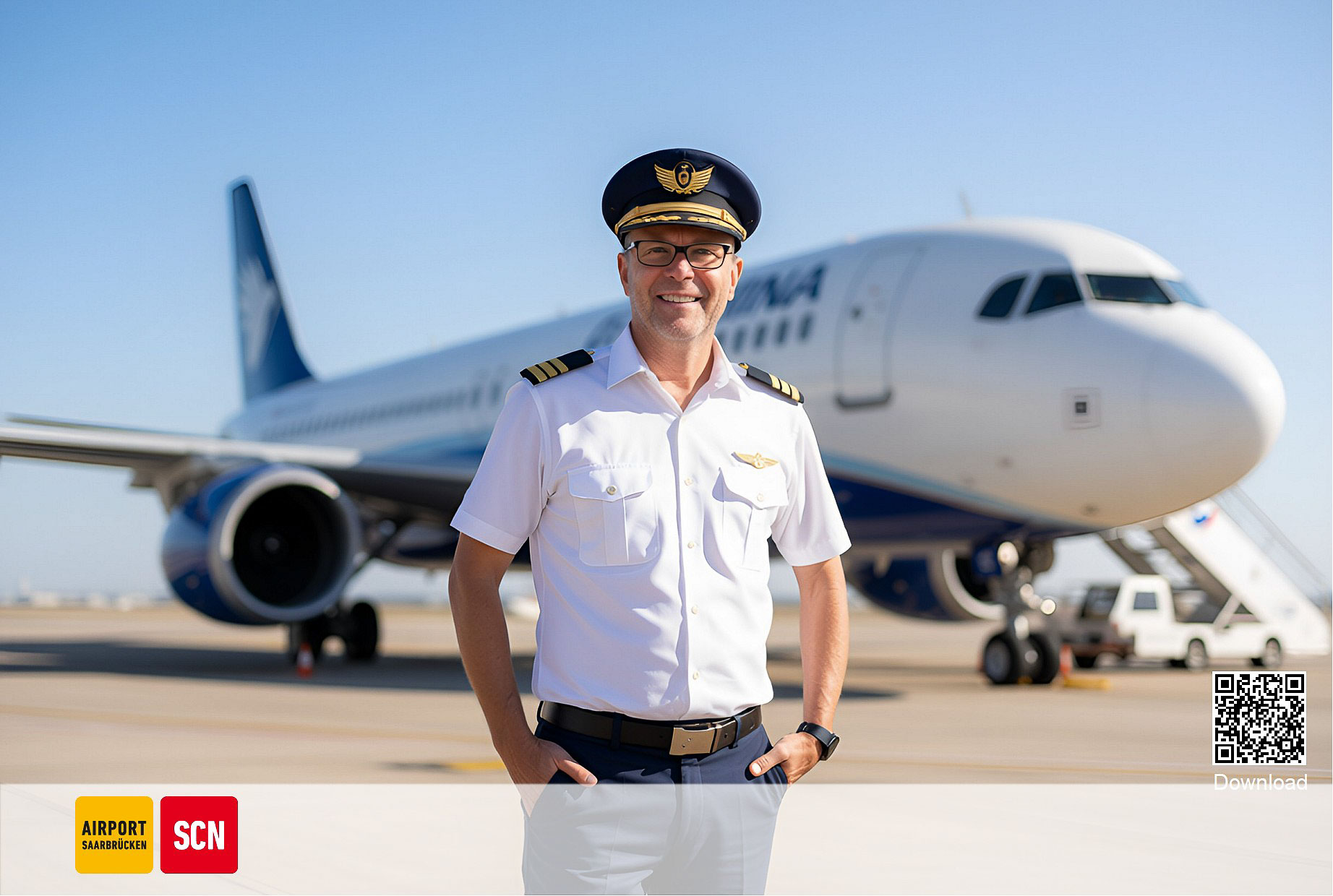 KI-Druckresultat — Markus Lutz selbst als Pilot vor einem Air-Una-Passagierflugzeug am Flughafen Saarbrücken