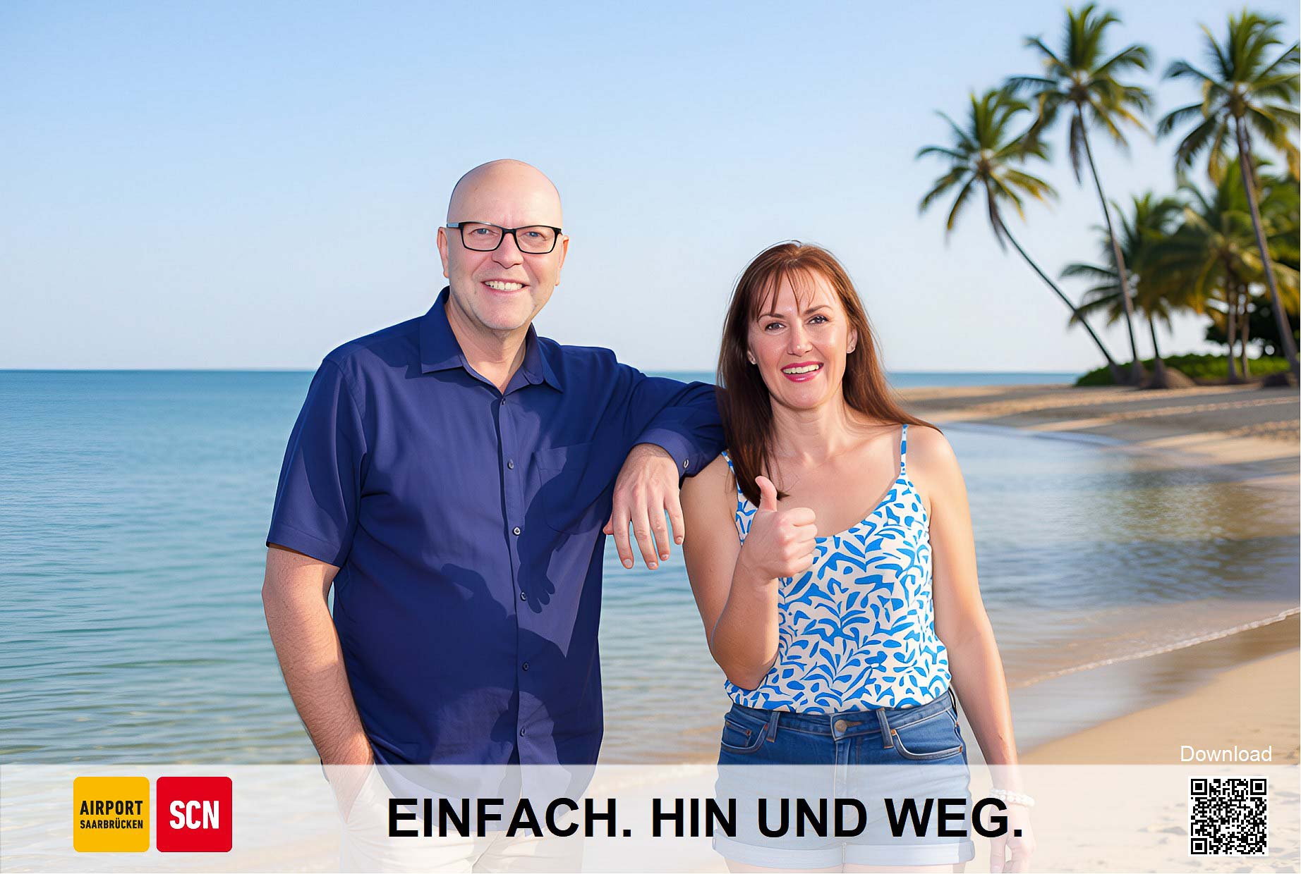 KI-Fotobox-Druck Flughafen Saarbrücken — Cockpit-Motto mit Mann und Frau in Pilotenuniform