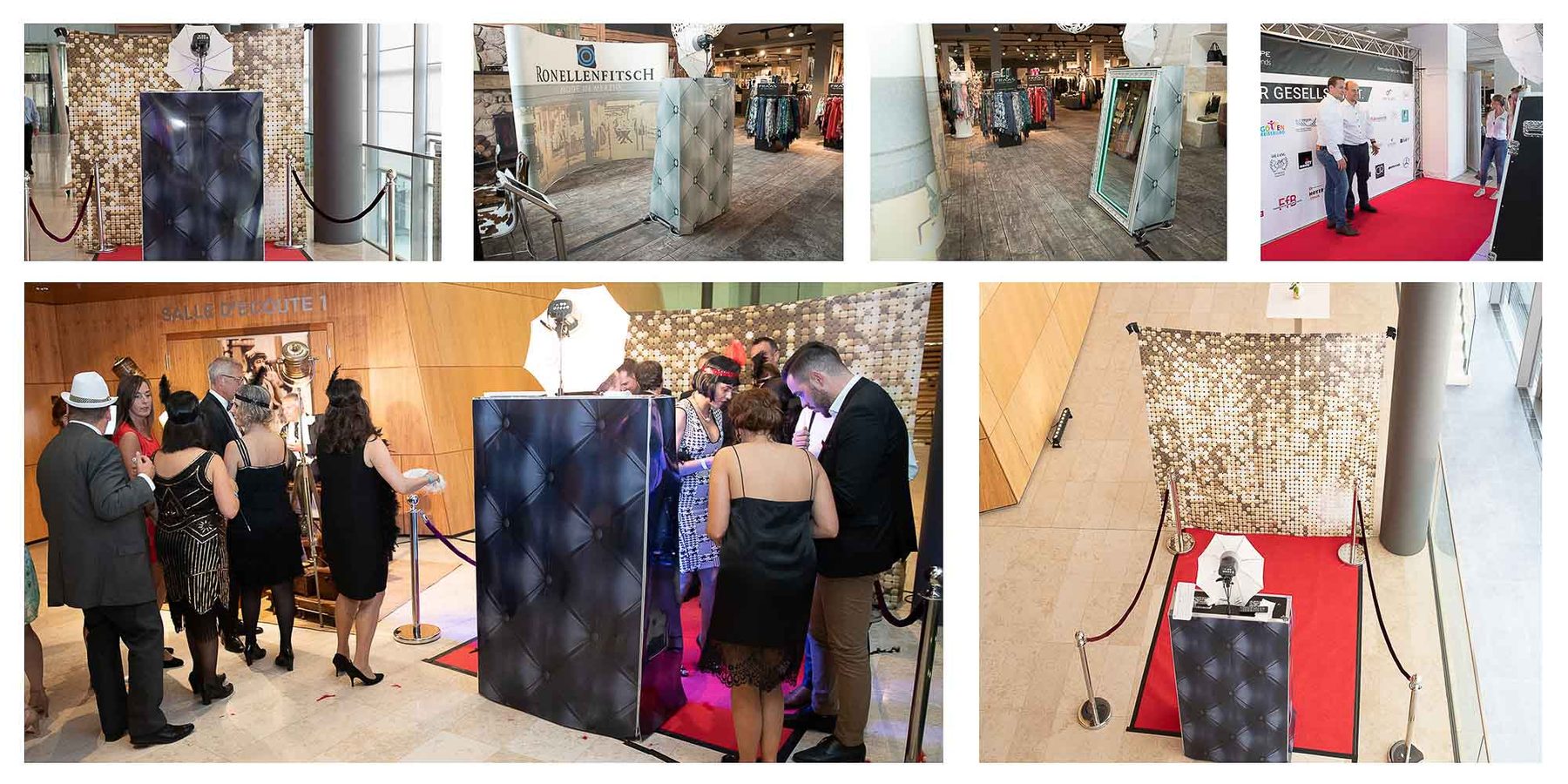 Magic Mirror Fotospiegel von Foto Lutz — Collage aus acht Eventbeispielen mit gold-Pailletten-Backdrop, Boutique, Mercedes-Sponsorenwand, rotem Teppich, Outlet-Center und Mall-Promotion