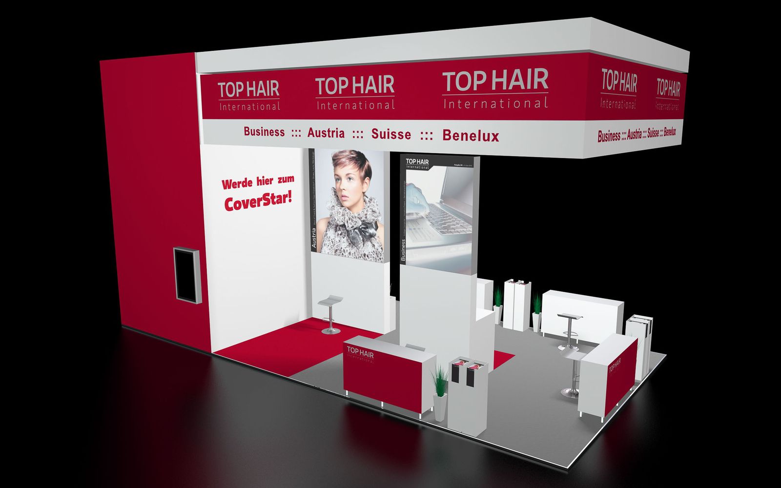 TOP HAIR International Standplan 2013 — 3D-Modell des Messestands mit eingebautem Foto-Studio-Bereich und Werde hier zum CoverStar Branding