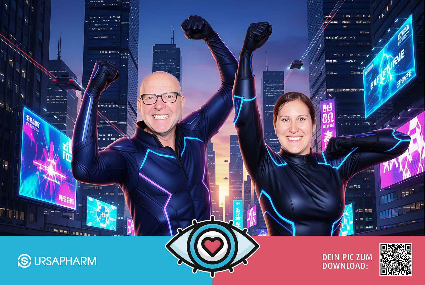 KI-Druckresultat NextGen eXperience am Ursapharm-Stand — Cyberpunk-Superhelden-Paar mit Neon-Power-Pose vor Skyline, Ursapharm-Branding und QR-Code