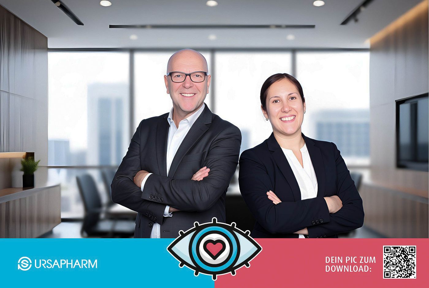 KI-Druckresultat NextGen eXperience am Ursapharm-Stand E-Werk Saarbrücken — Business-Paar im modernen Conference-Room mit Skyline-Blick, Ursapharm-Branding und QR-Code
