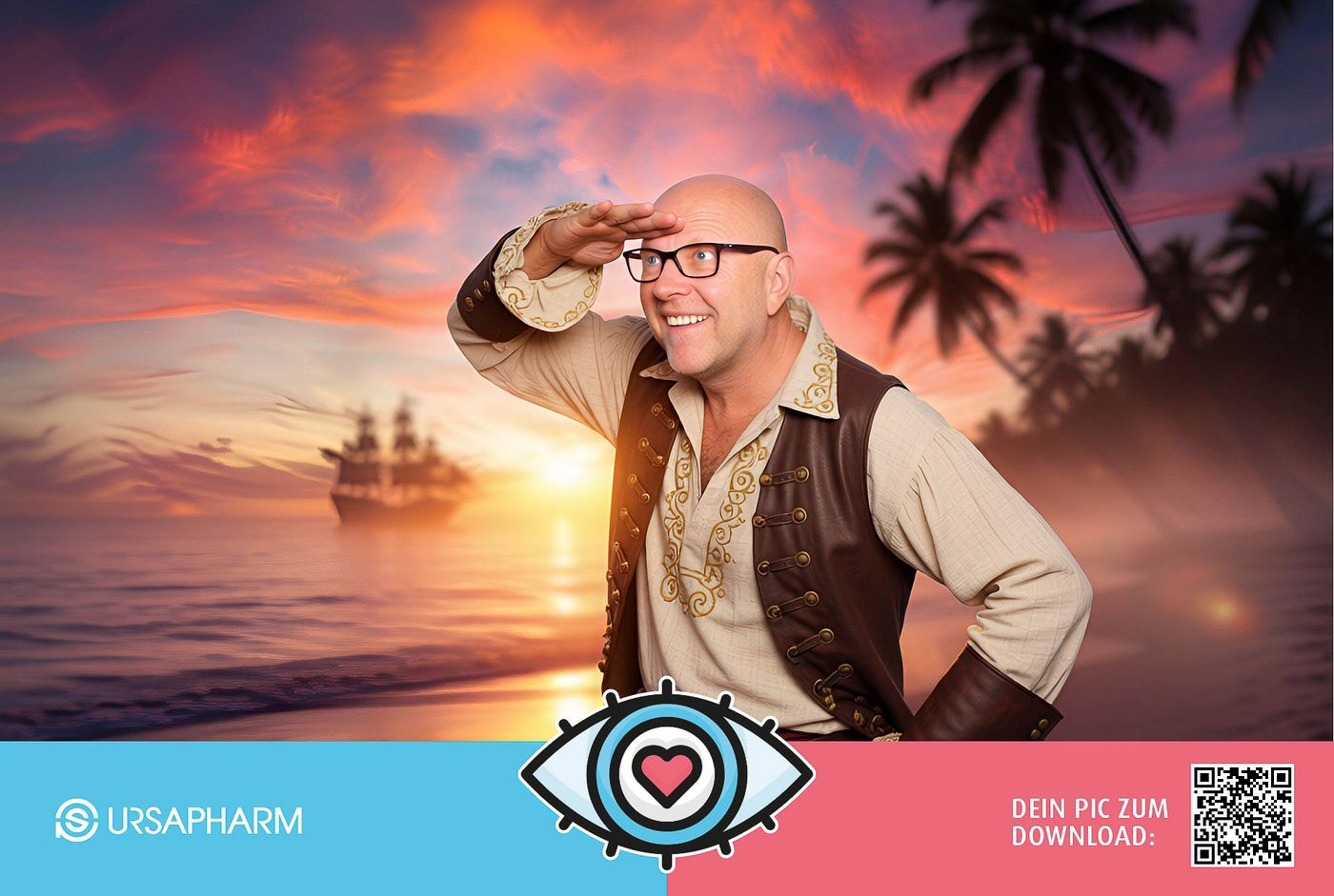 KI-Druckresultat NextGen eXperience am Ursapharm-Stand — Pirat am Sunset-Strand mit Segelschiff, Ursapharm-Branding und QR-Code