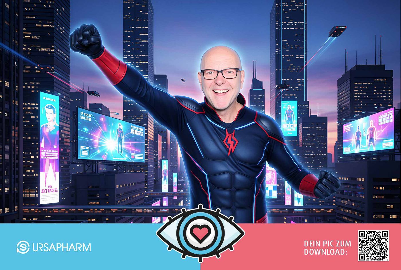 KI-Druckresultat NextGen eXperience am Ursapharm-Stand — Cyberpunk-Superhero mit Power-Pose vor Neon-Skyline, Ursapharm-Branding und QR-Code