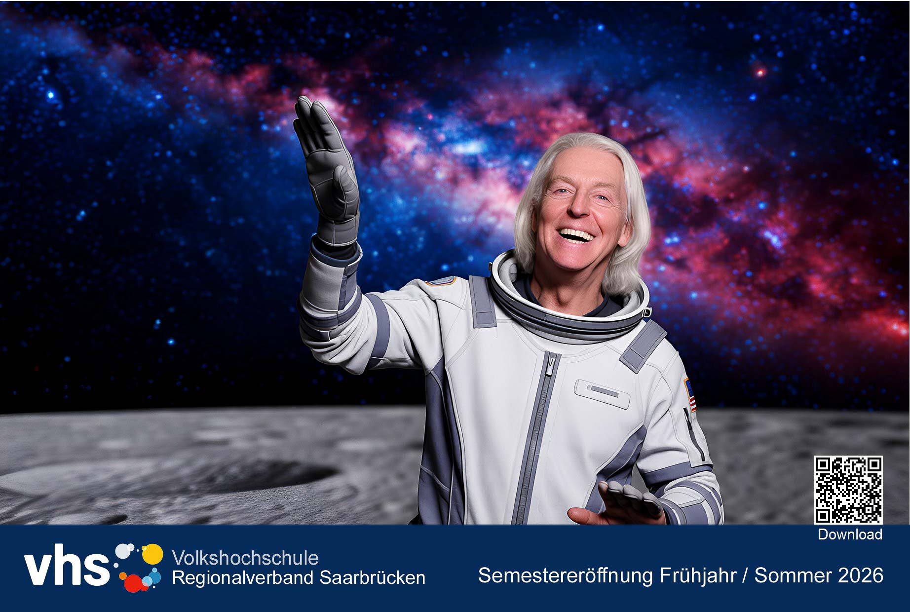 KI-Druckresultat VHS Saarbrücken — Mann mit grauen Haaren als Astronaut auf dem Mond mit Milchstraße im Hintergrund